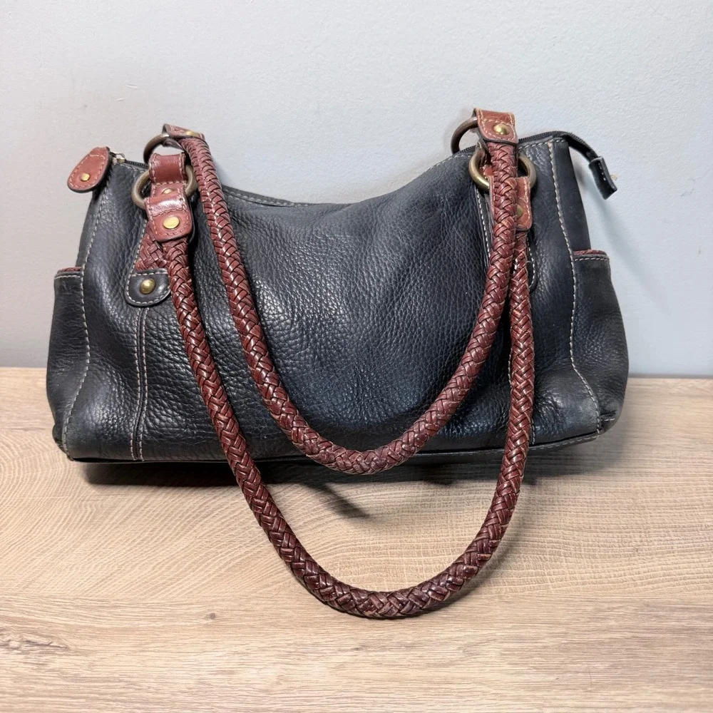Fossil Shoulder Bag Leather Black Brown Braided Strap Slouchy Handbag Y2K Casual